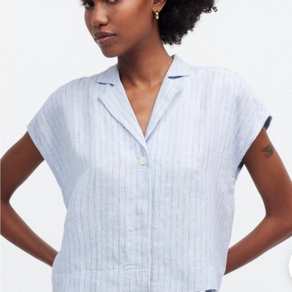 Madewell Linen Striped Blue Button-Up Women's Top